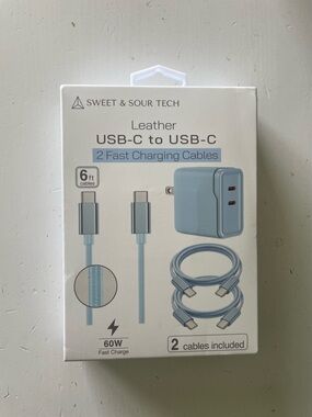 Leather USB-C to USB-C Fast Charging Cables — Light Blue (2 Pack)